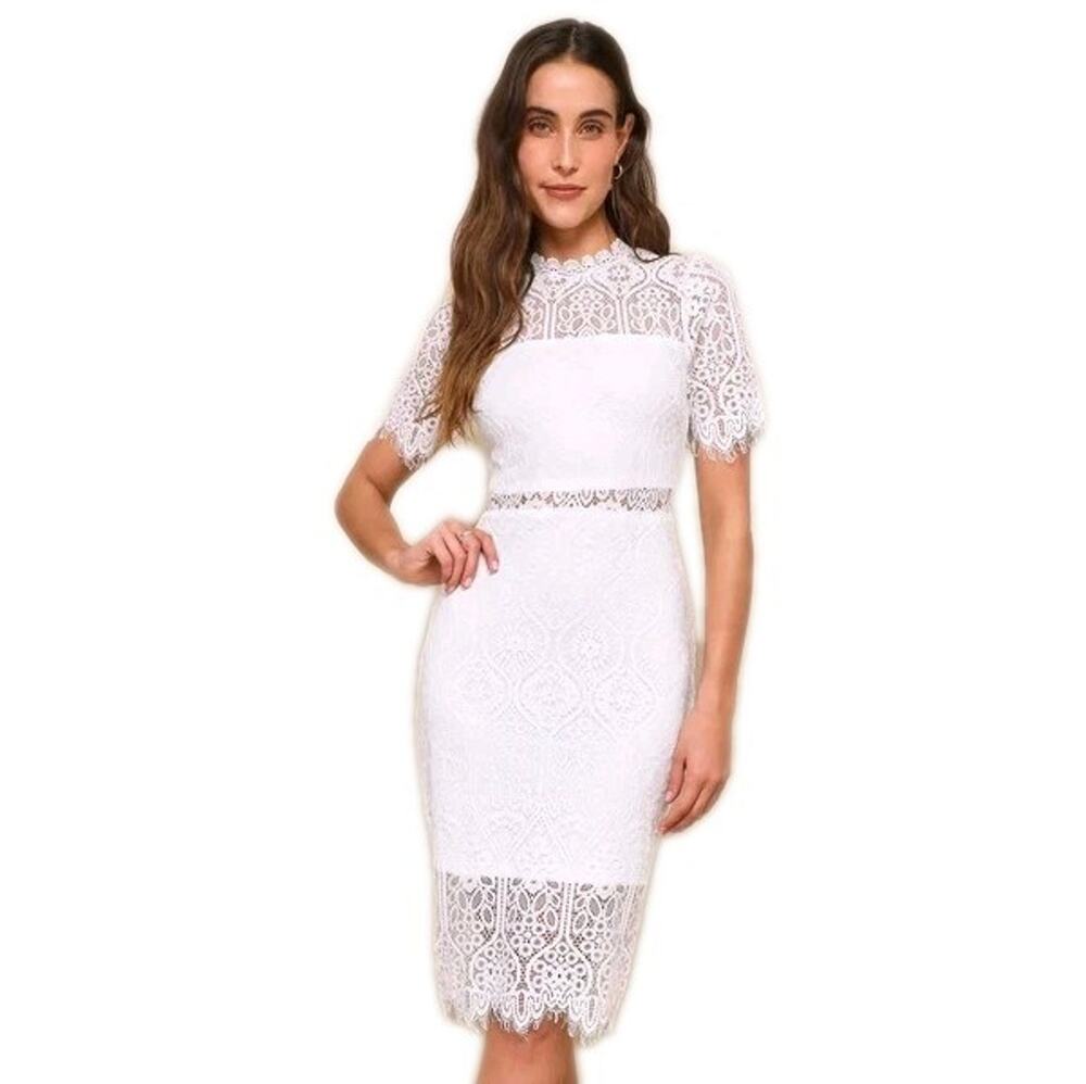 LULUS White Remarkable Sheer Lace Short Sleeve Mini Sheath Dress Women's Large